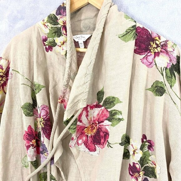 Coral Bay Floral Oversized Linen Open Front Jacket PM Petite Medium Beach Beige - Picture 8 of 16